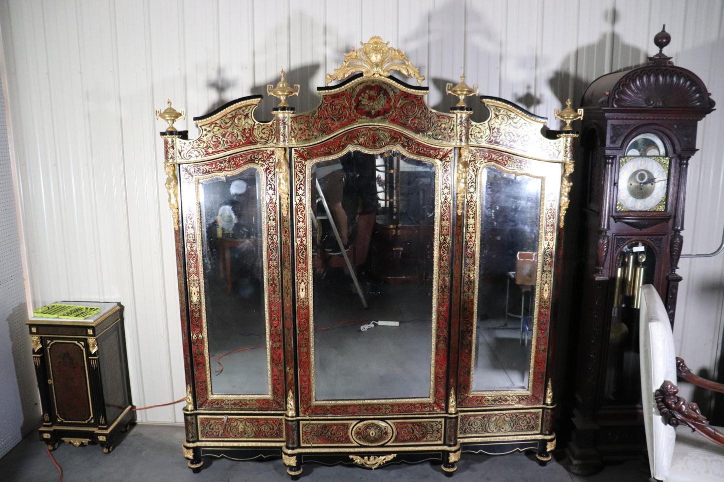 Monumental Brass Inlaid boulle Style Dor'e Figural Bronze Mirrored Armoire