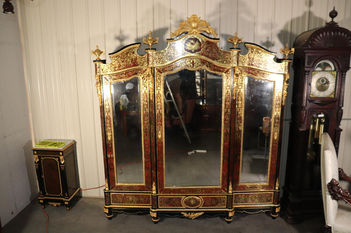 Monumental Brass Inlaid boulle Style Dor'e Figural Bronze Mirrored Armoire