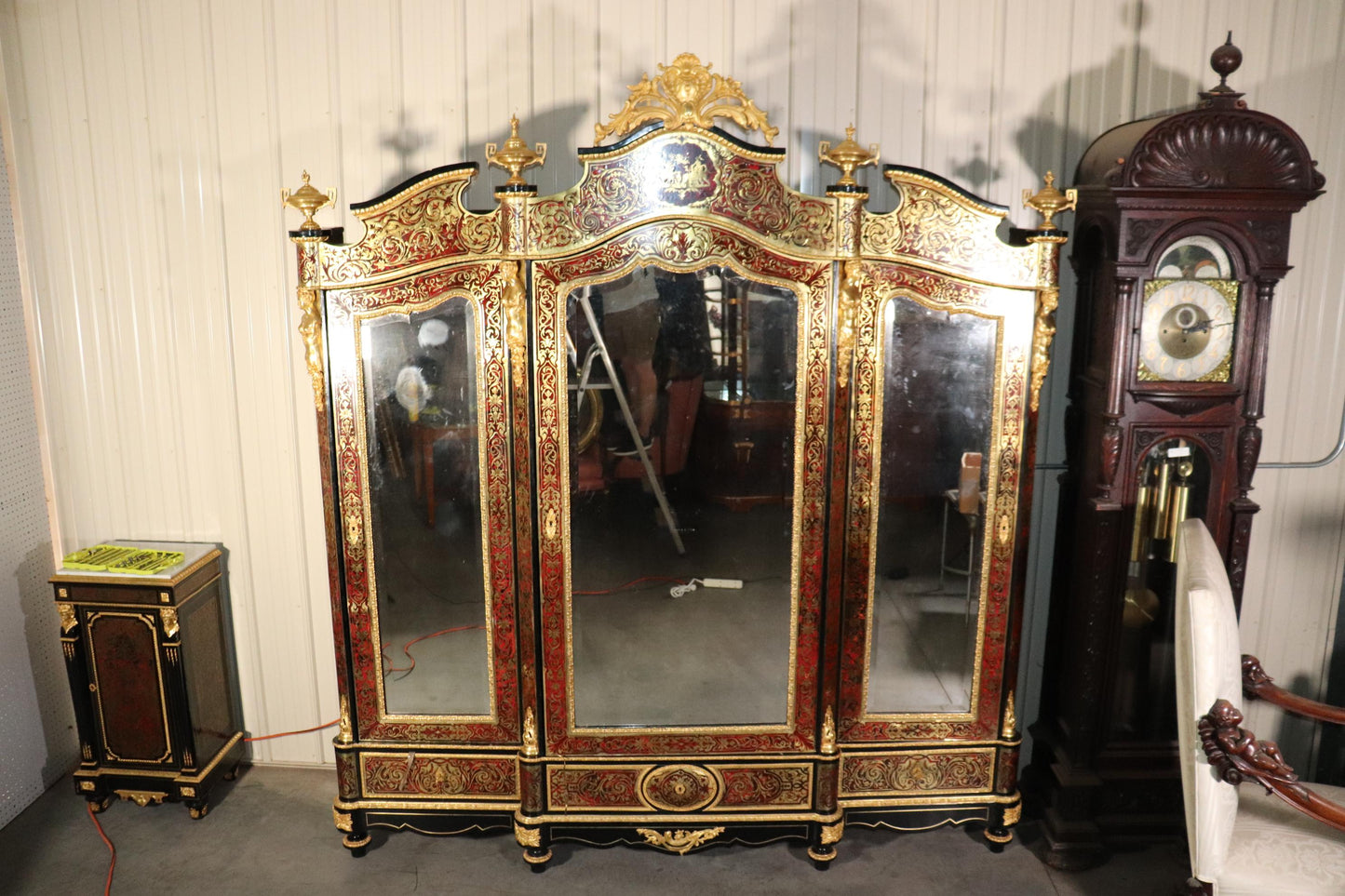 Monumental Brass Inlaid boulle Style Dor'e Figural Bronze Mirrored Armoire