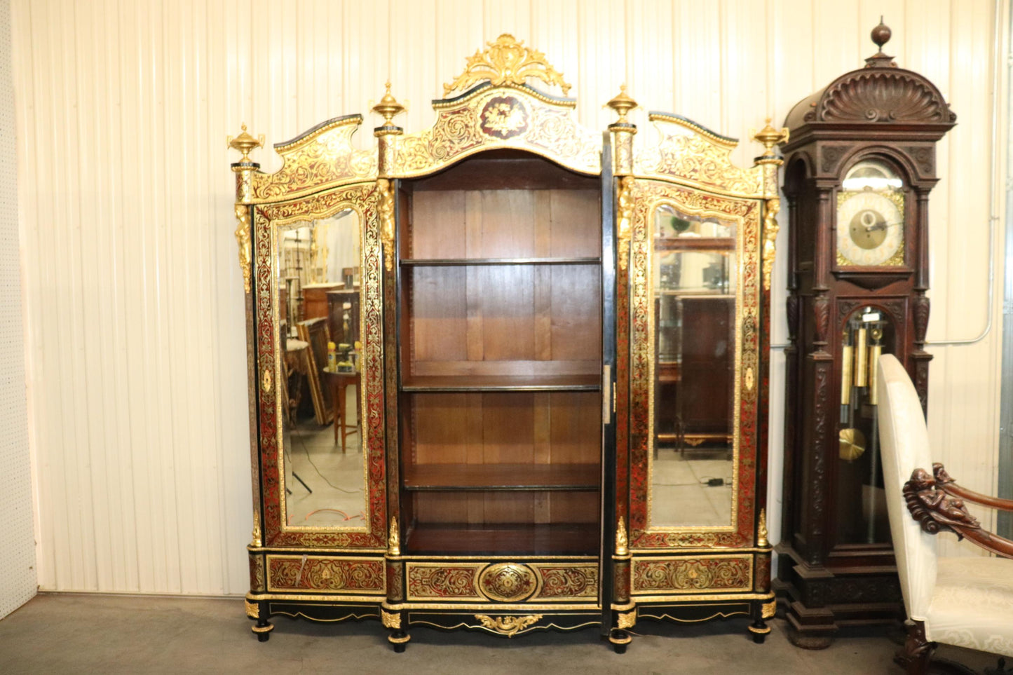 Monumental Brass Inlaid boulle Style Dor'e Figural Bronze Mirrored Armoire