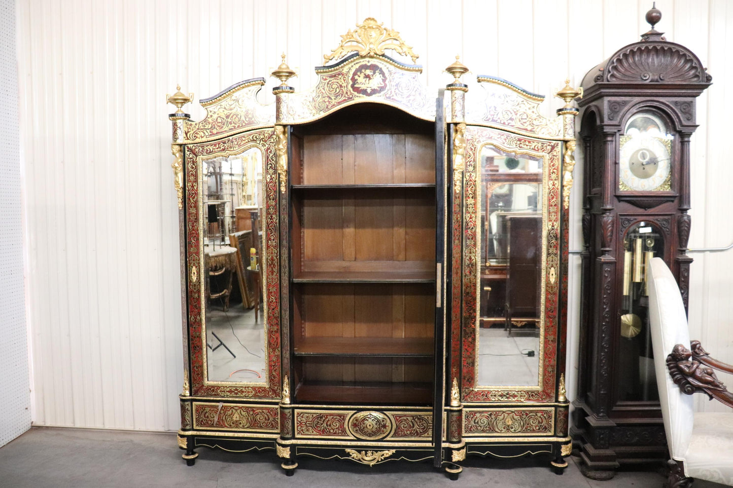 Monumental Brass Inlaid boulle Style Dor'e Figural Bronze Mirrored Armoire