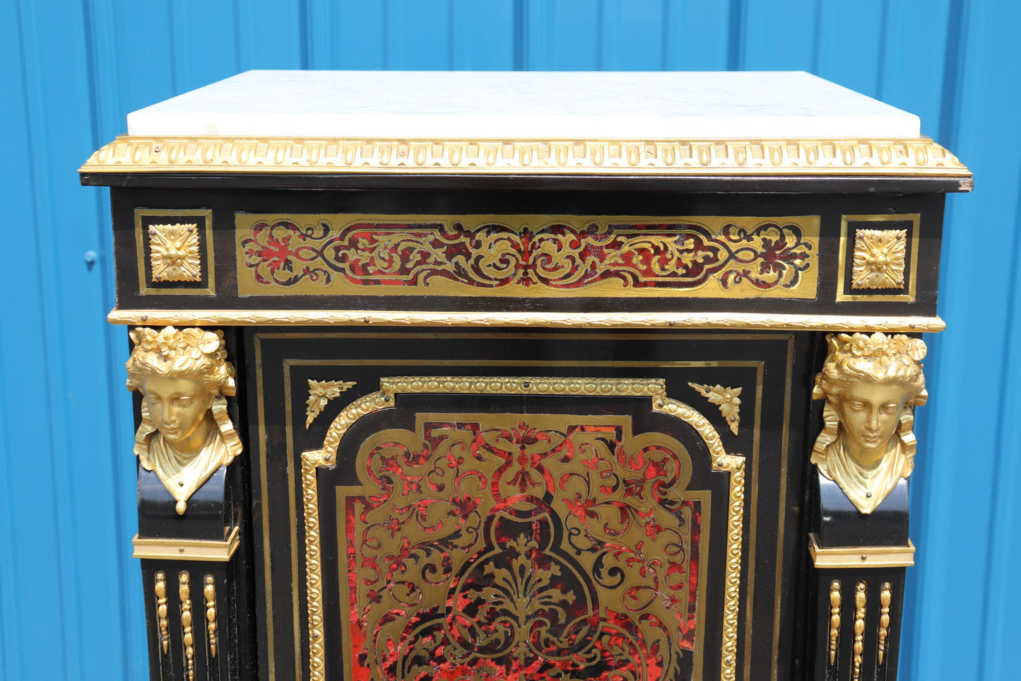 Figural Dor'e Bronze Brass Inlaid Ebonizied Marble Top Boulle Style Nightstand