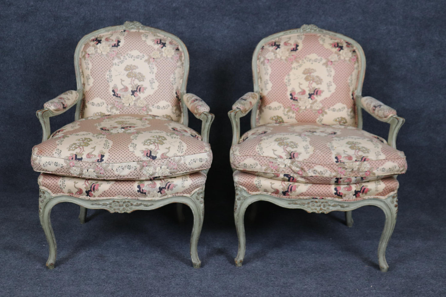 Pair French Louis XV Gray Paint Decorated Carved French Louis XV Bergere Chairs