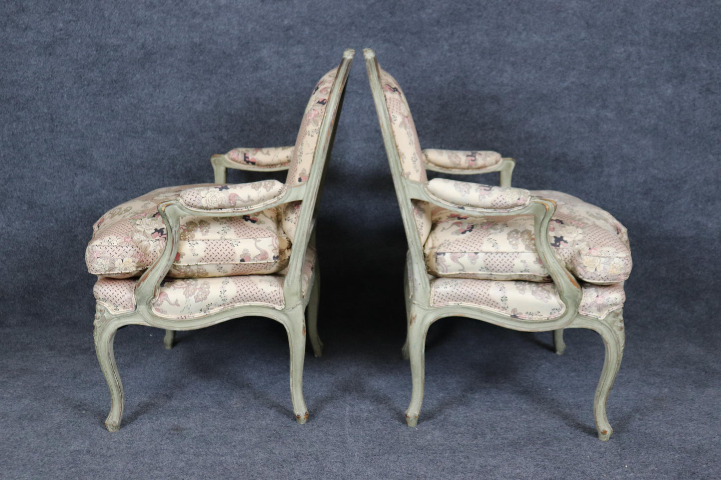 Pair French Louis XV Gray Paint Decorated Carved French Louis XV Bergere Chairs