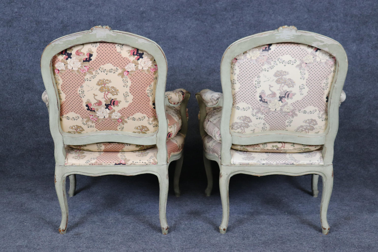 Pair French Louis XV Gray Paint Decorated Carved French Louis XV Bergere Chairs