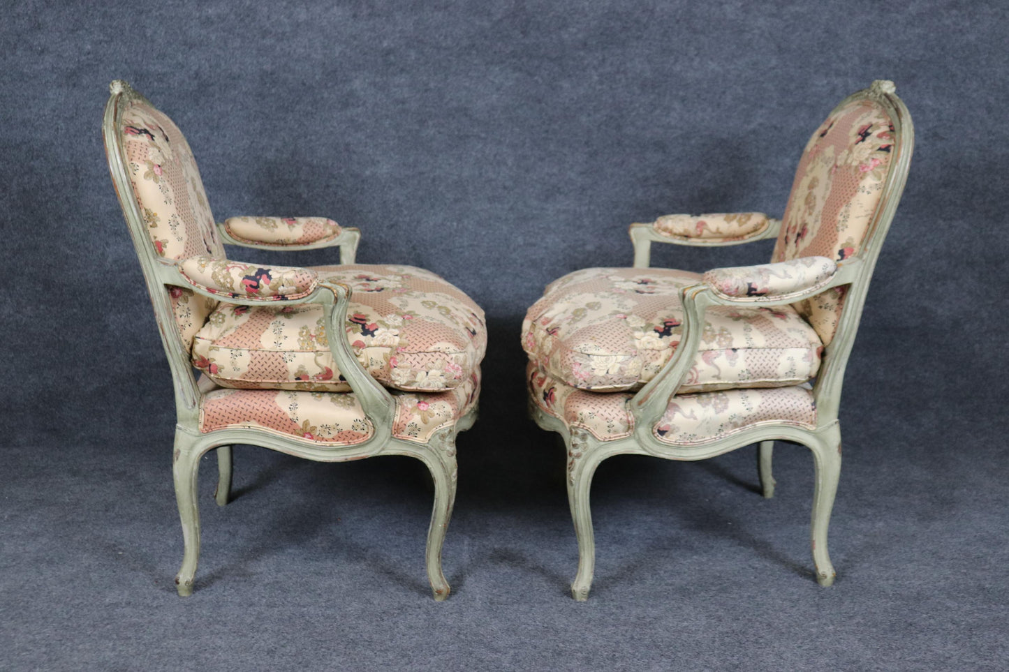 Pair French Louis XV Gray Paint Decorated Carved French Louis XV Bergere Chairs