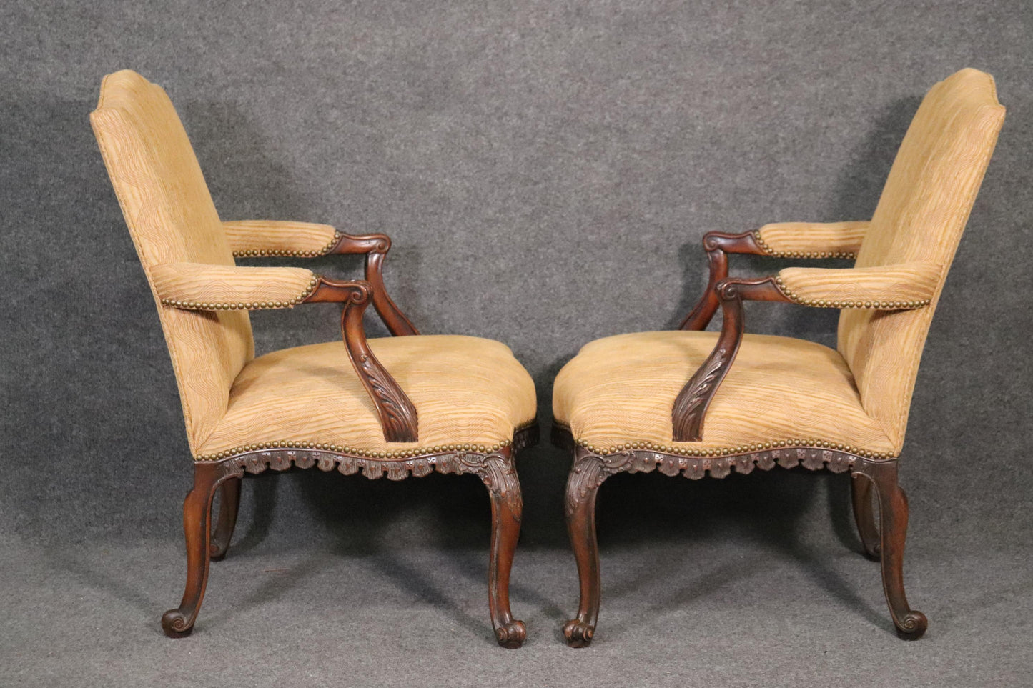 Pair of English Georgian Carved Mahogany Armchairs, Circa 1940s