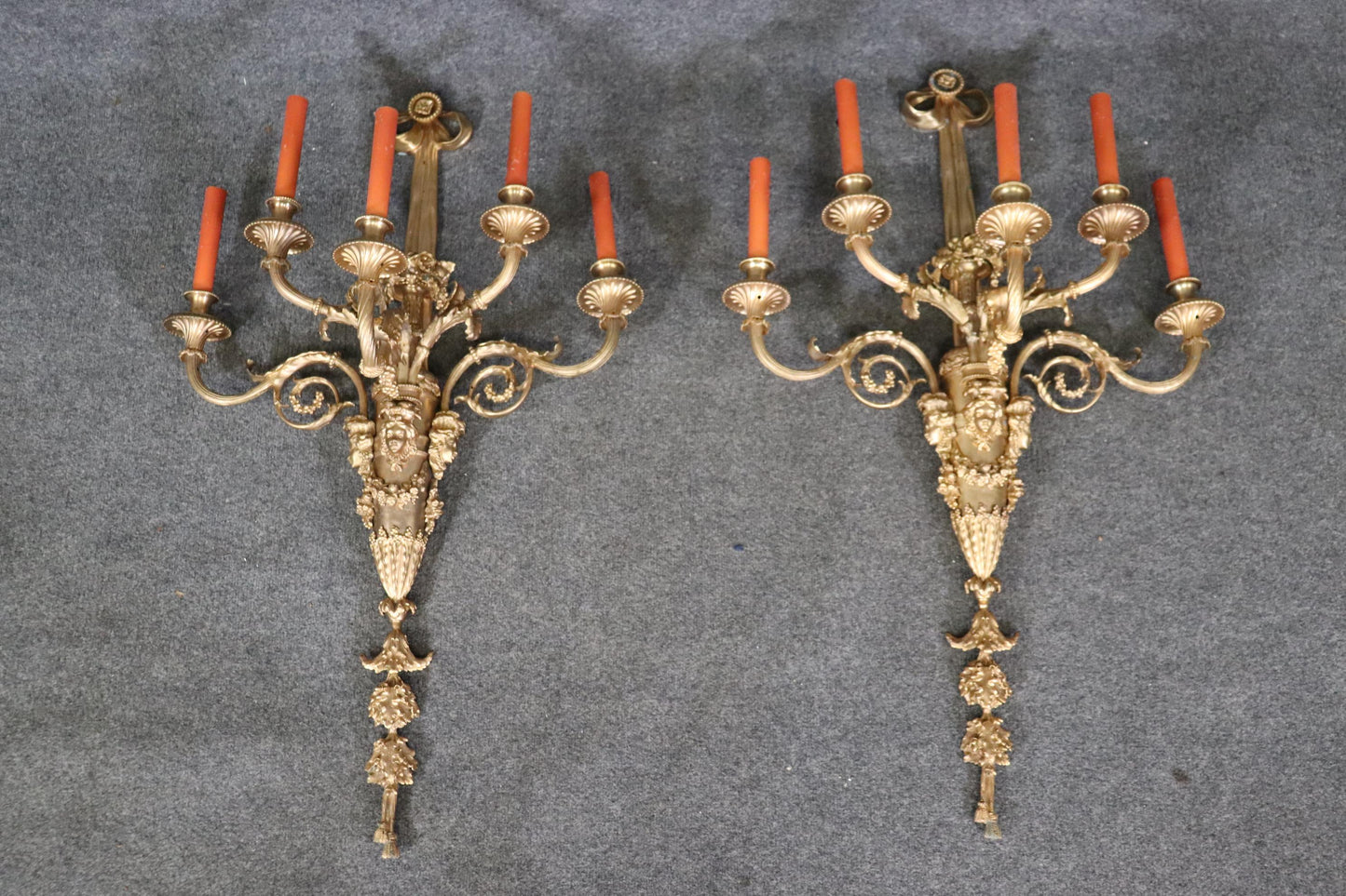 Very Large Pair French Louis XV 5 Light Electrified Bronze Figural Sconces