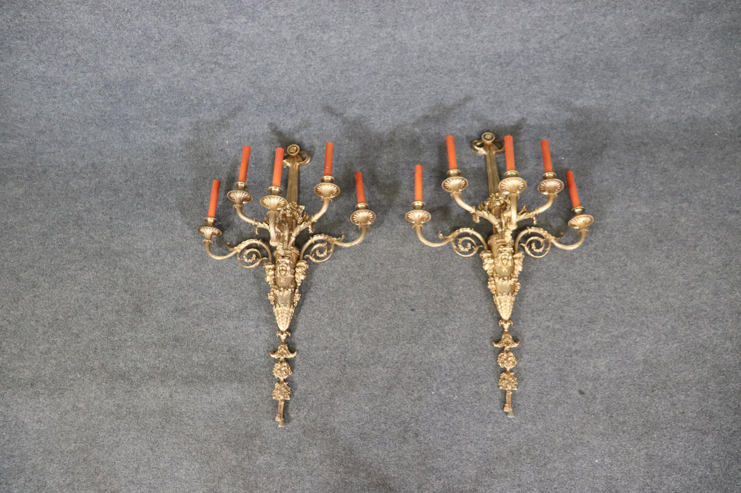 Very Large Pair French Louis XV 5 Light Electrified Bronze Figural Sconces