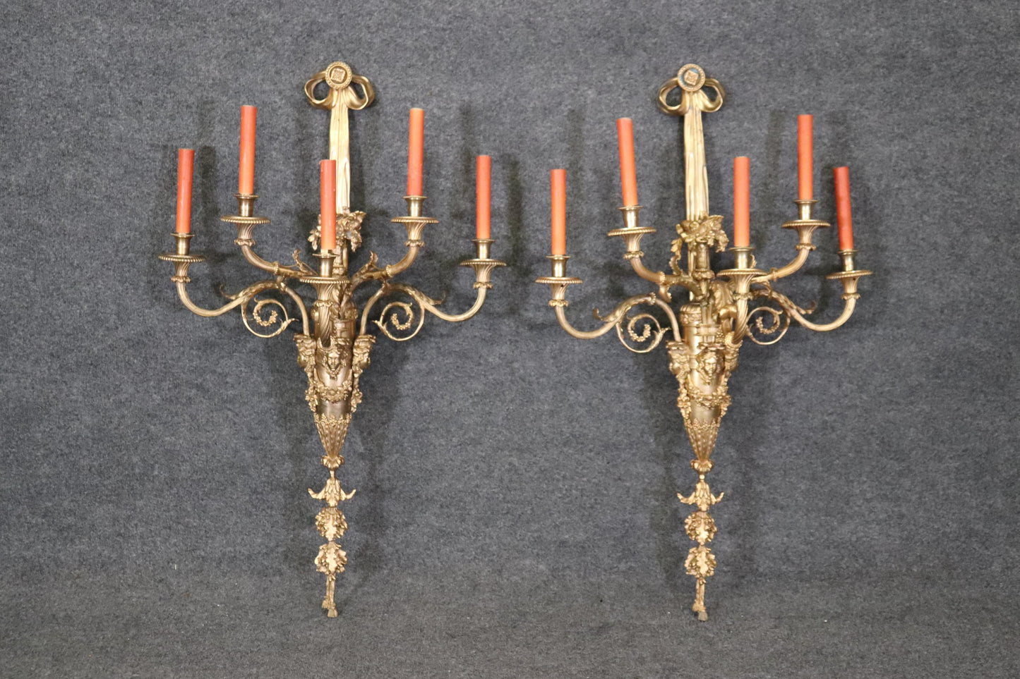 Very Large Pair French Louis XV 5 Light Electrified Bronze Figural Sconces