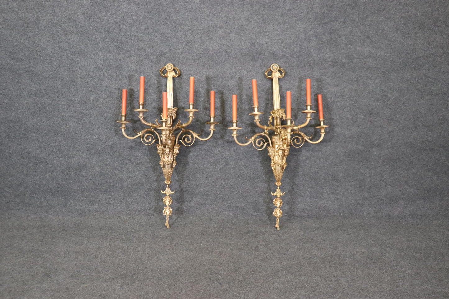 Very Large Pair French Louis XV 5 Light Electrified Bronze Figural Sconces