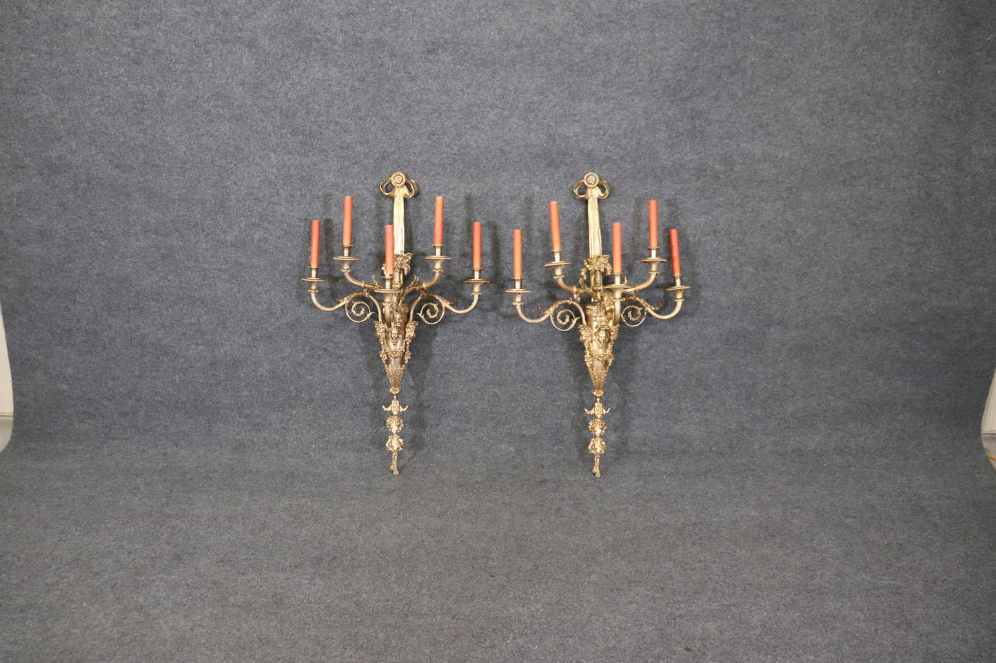 Very Large Pair French Louis XV 5 Light Electrified Bronze Figural Sconces