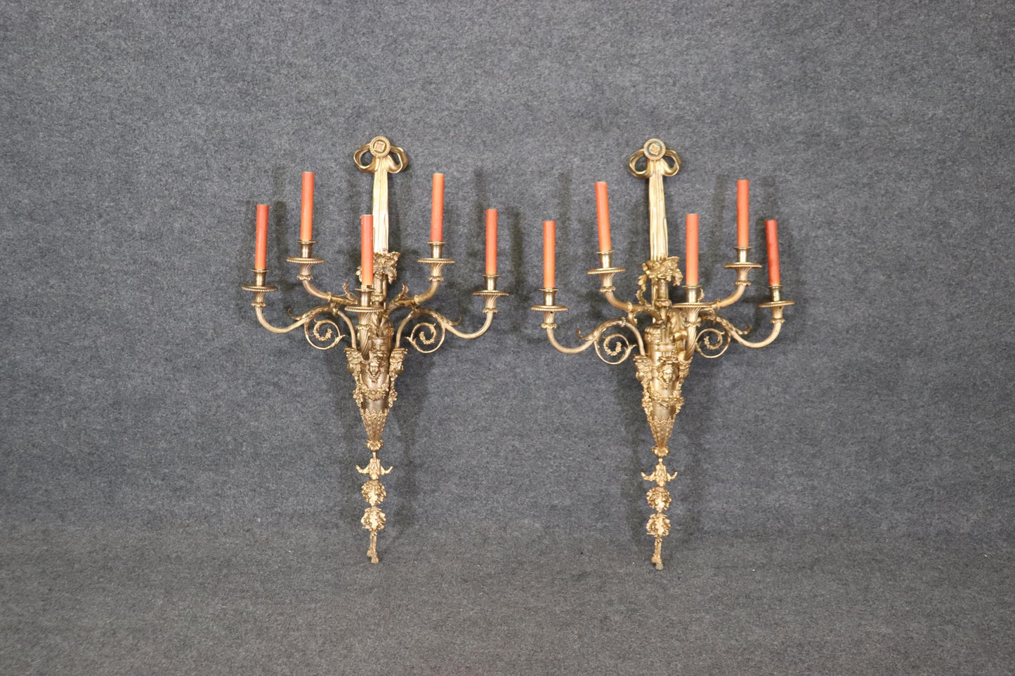 Very Large Pair French Louis XV 5 Light Electrified Bronze Figural Sconces