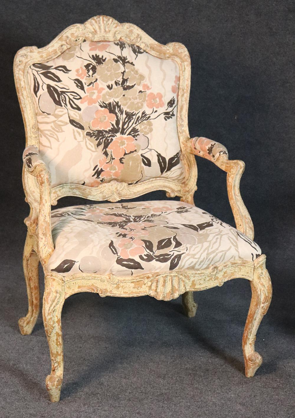 Pair of Distressed Painted French Louis XV Open Arm Bergère Fauteuil Chairs