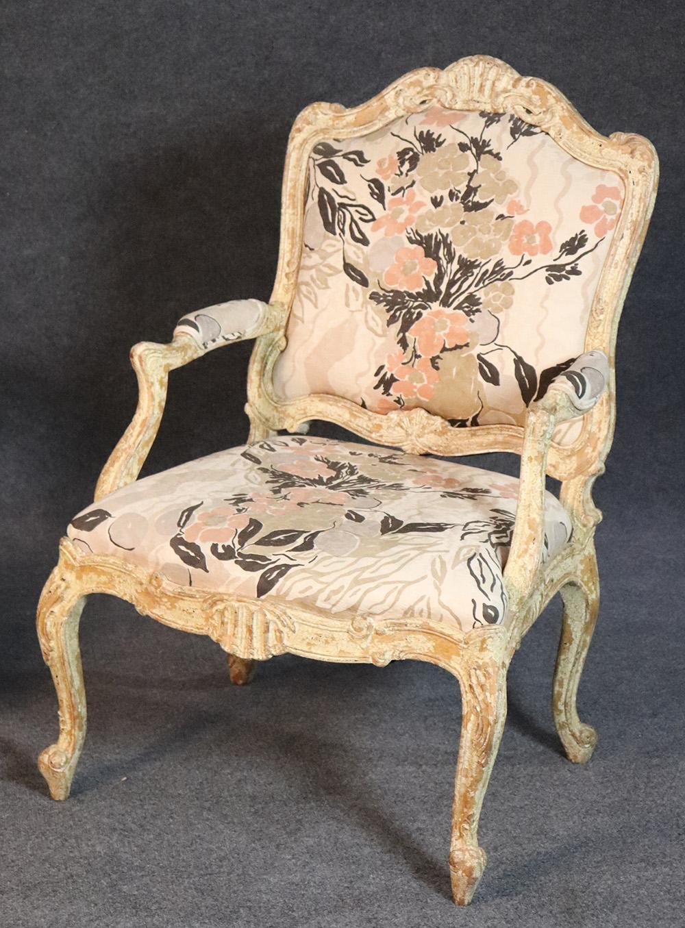 Pair of Distressed Painted French Louis XV Open Arm Bergère Fauteuil Chairs