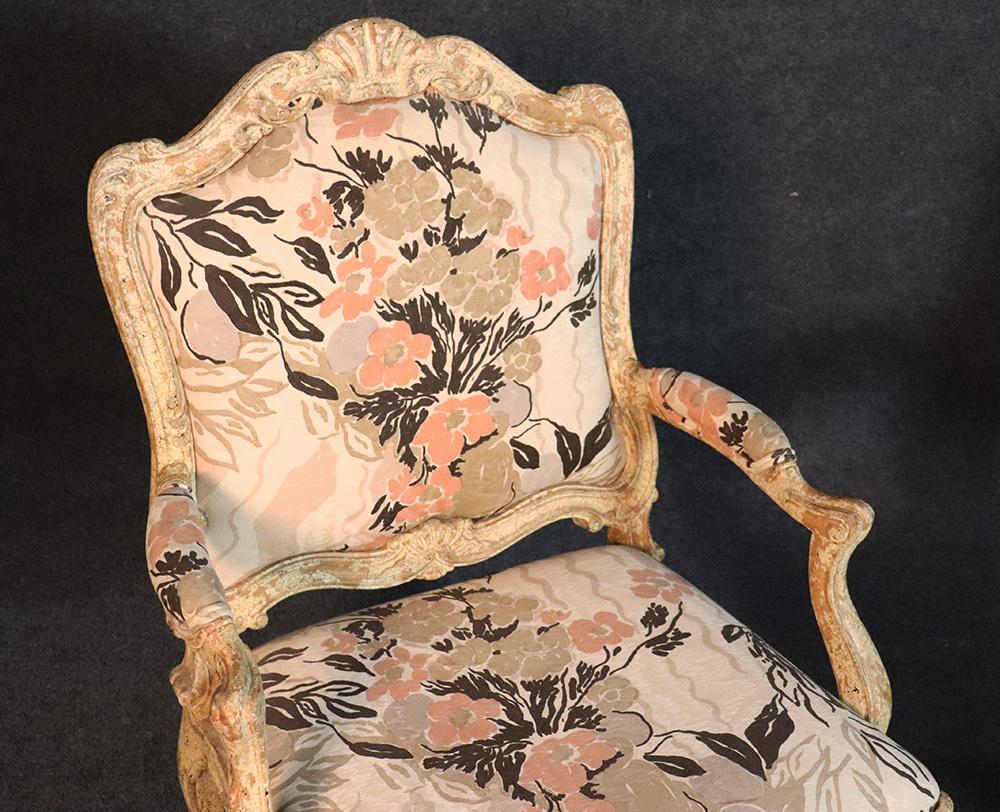 Pair of Distressed Painted French Louis XV Open Arm Bergère Fauteuil Chairs