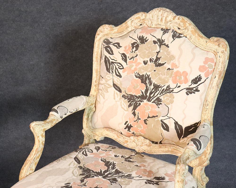 Pair of Distressed Painted French Louis XV Open Arm Bergère Fauteuil Chairs