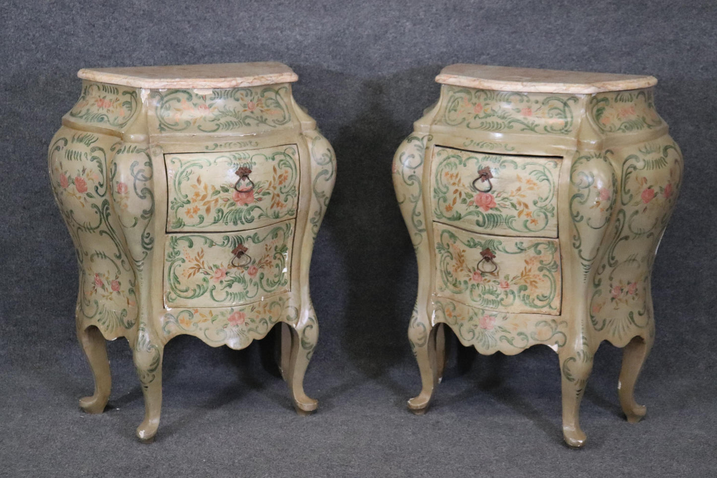 Rare Pair 18th Century Venetian Paint Decorated Marble Top Commodes Nightstands