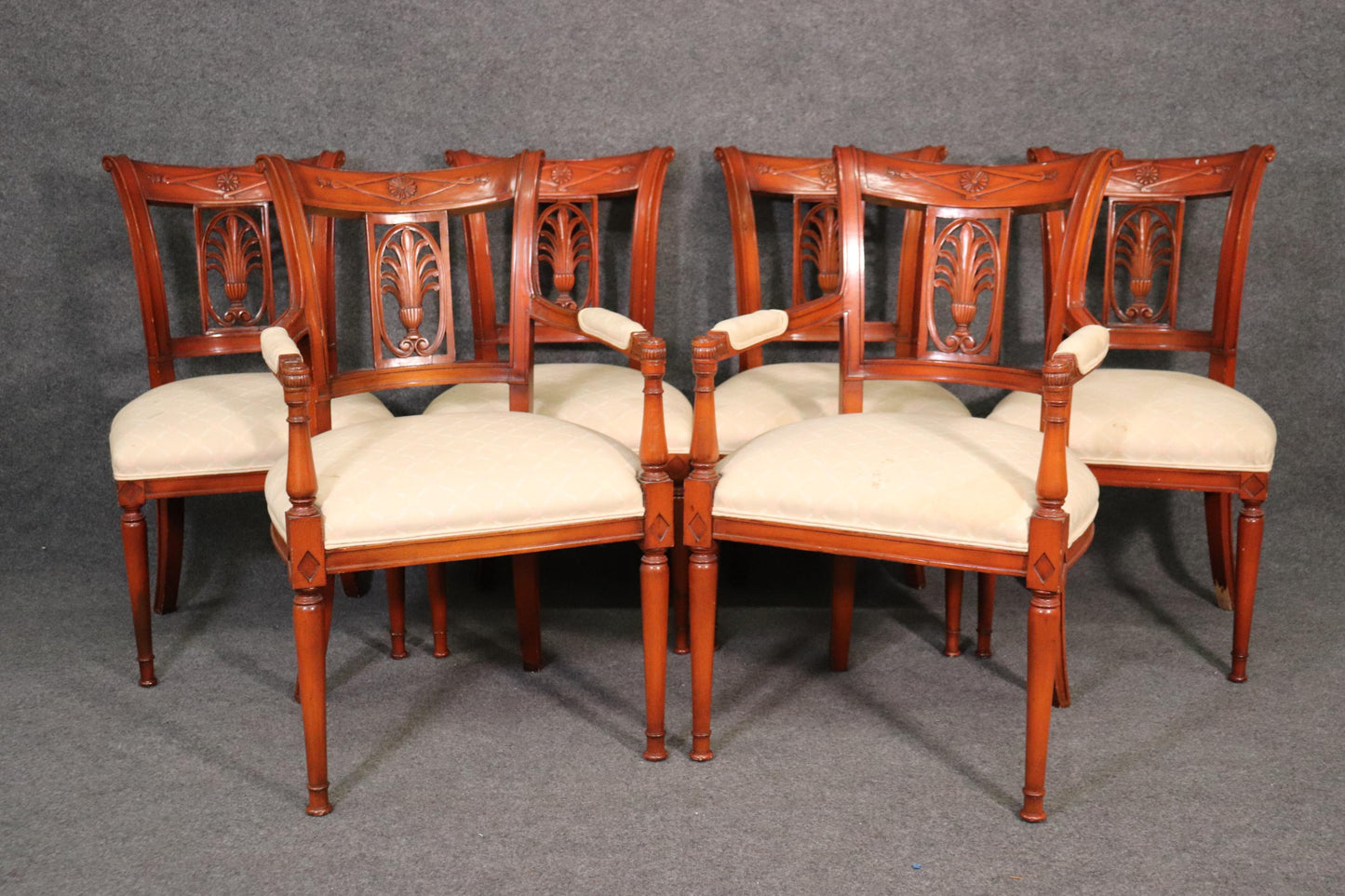 Set of 6 French Carved Walnut Regency Dining Chairs Circa 1950