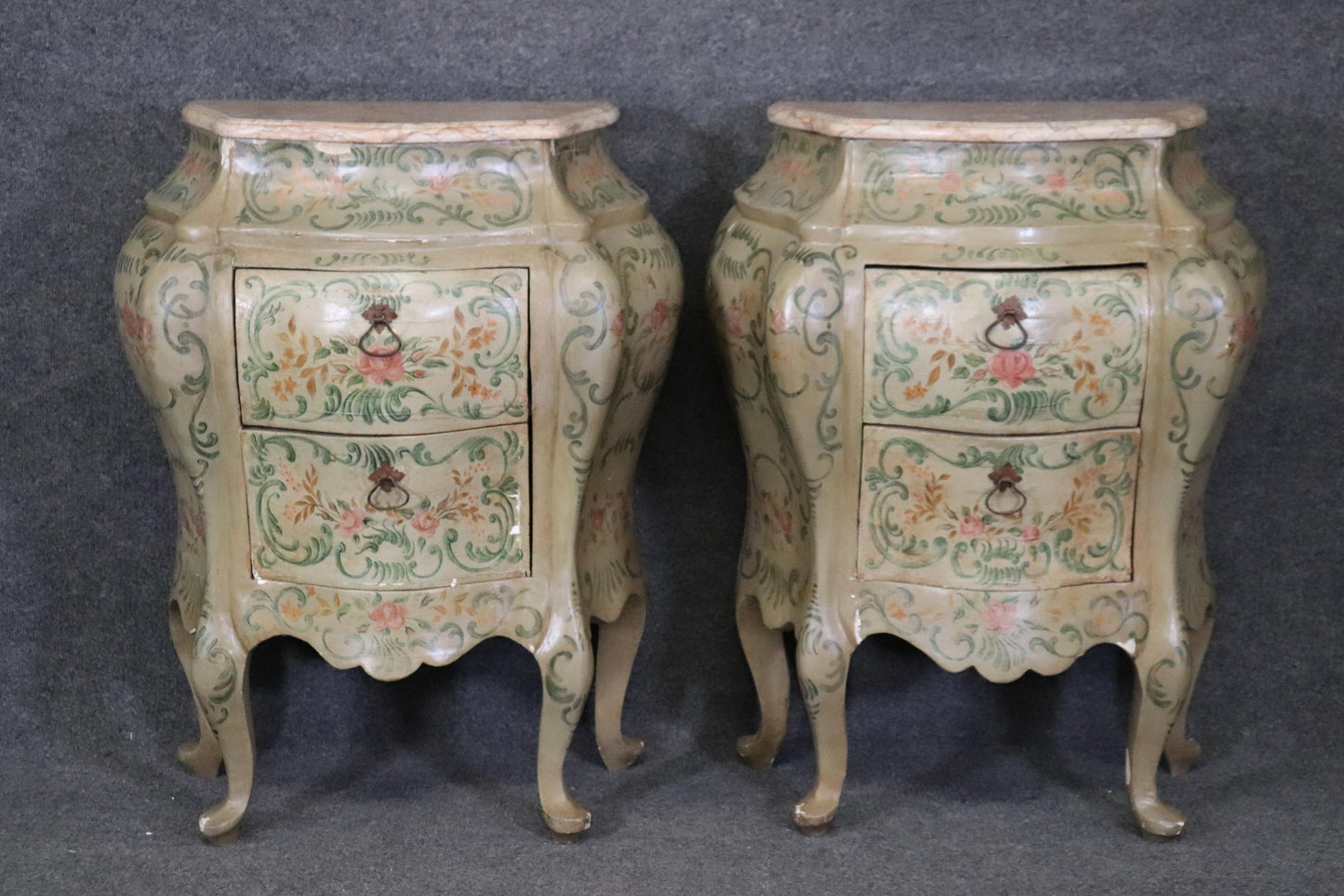 Rare Pair 18th Century Venetian Paint Decorated Marble Top Commodes Nightstands