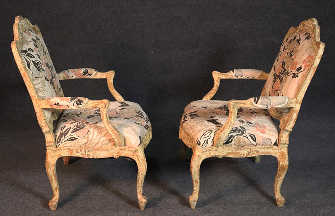 Pair of Distressed Painted French Louis XV Open Arm Bergère Fauteuil Chairs