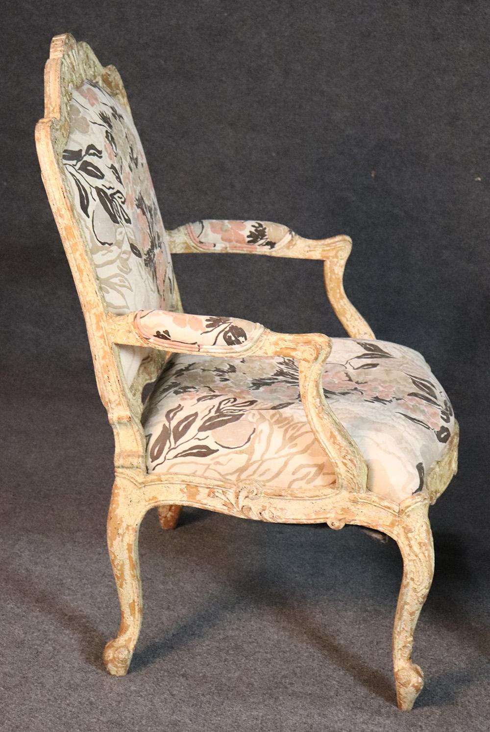 Pair of Distressed Painted French Louis XV Open Arm Bergère Fauteuil Chairs