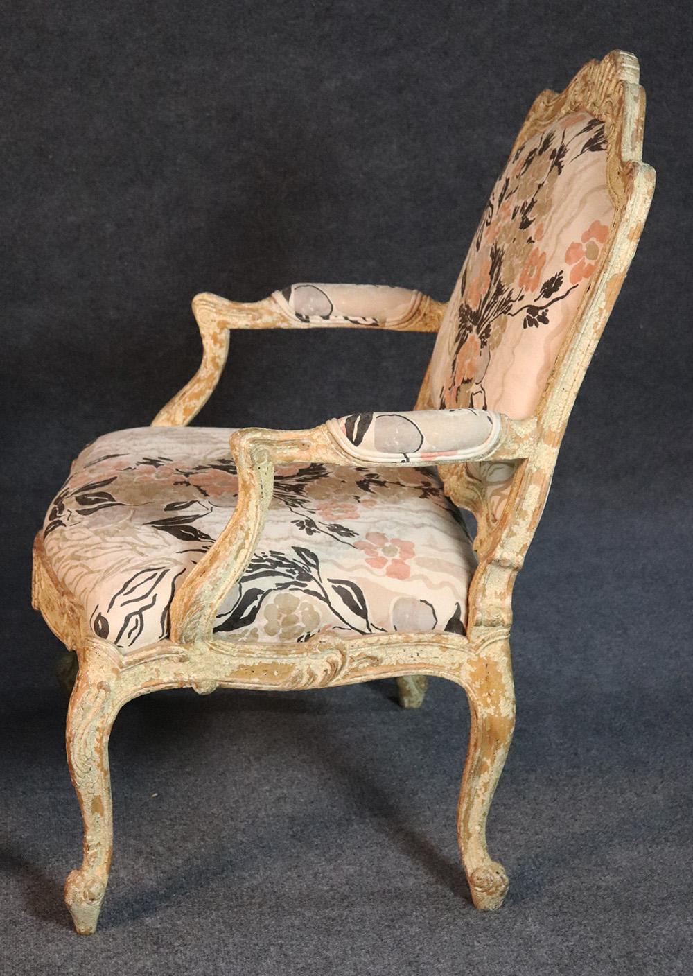 Pair of Distressed Painted French Louis XV Open Arm Bergère Fauteuil Chairs