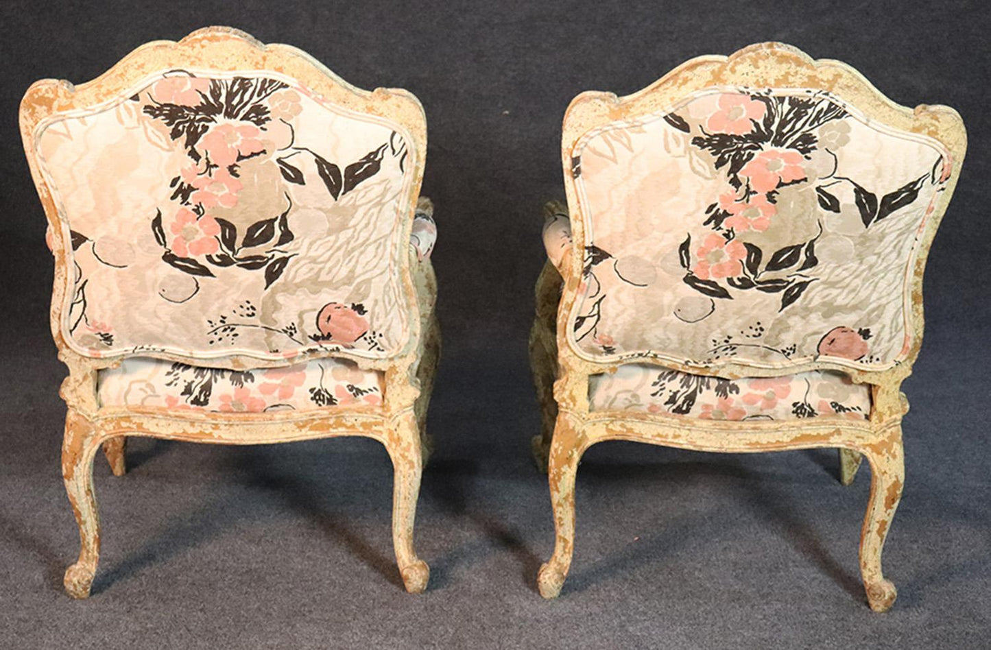 Pair of Distressed Painted French Louis XV Open Arm Bergère Fauteuil Chairs