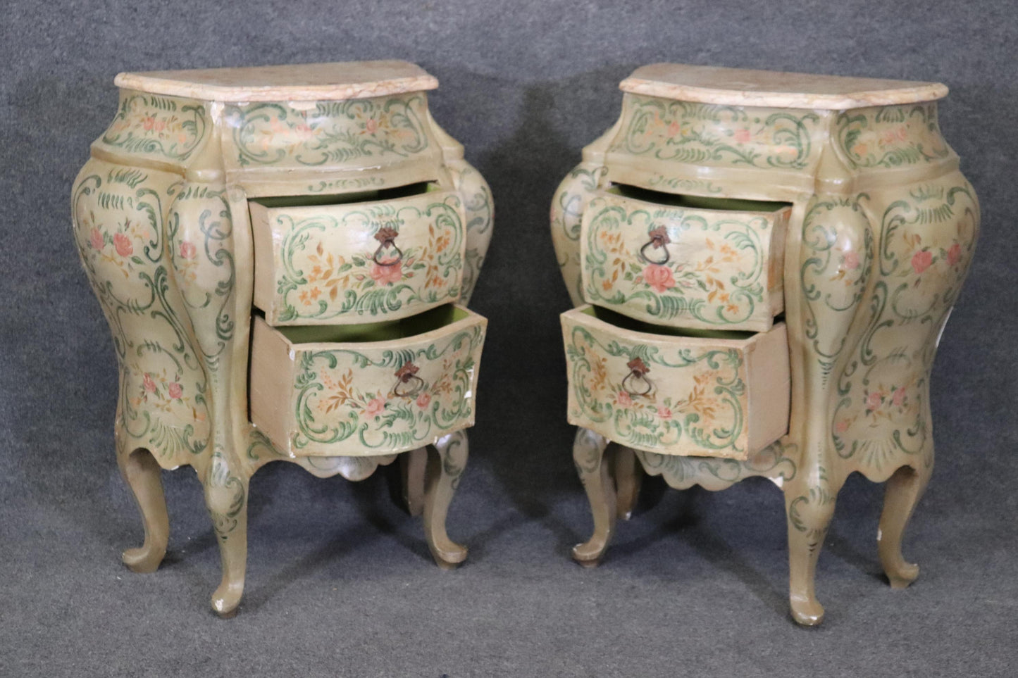 Rare Pair 18th Century Venetian Paint Decorated Marble Top Commodes Nightstands