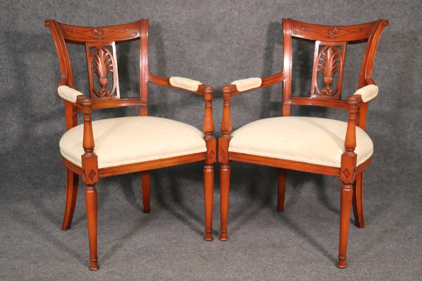 Set of 6 French Carved Walnut Regency Dining Chairs Circa 1950