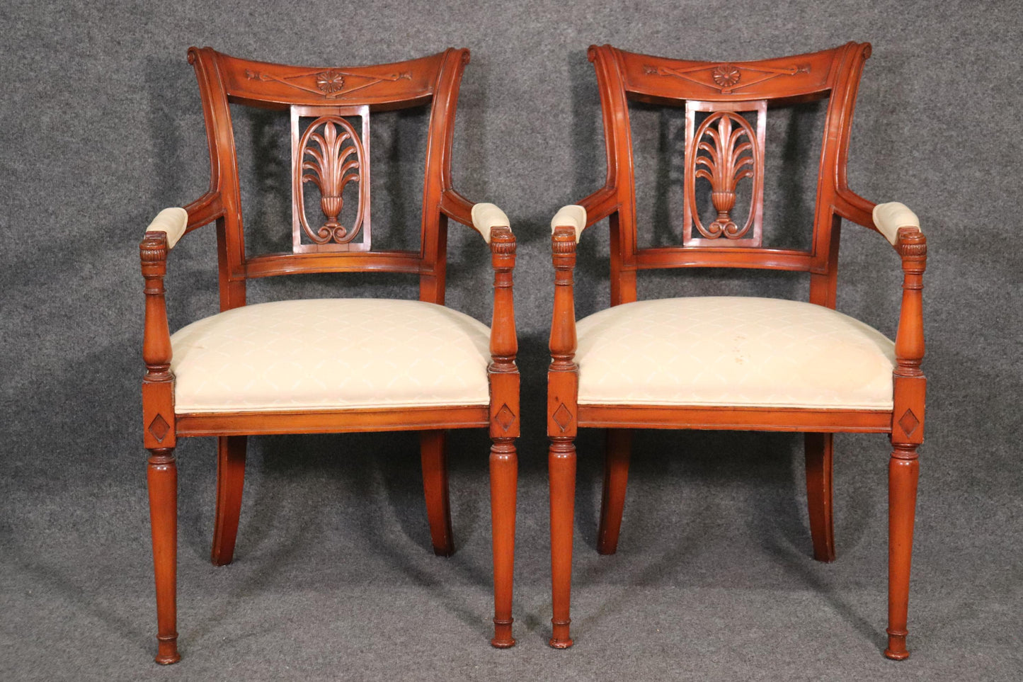 Set of 6 French Carved Walnut Regency Dining Chairs Circa 1950