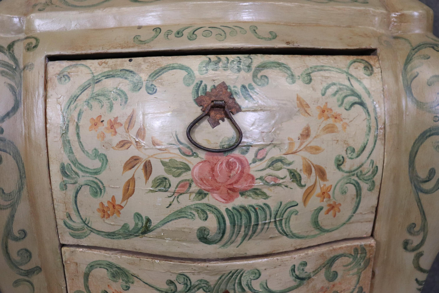 Rare Pair 18th Century Venetian Paint Decorated Marble Top Commodes Nightstands