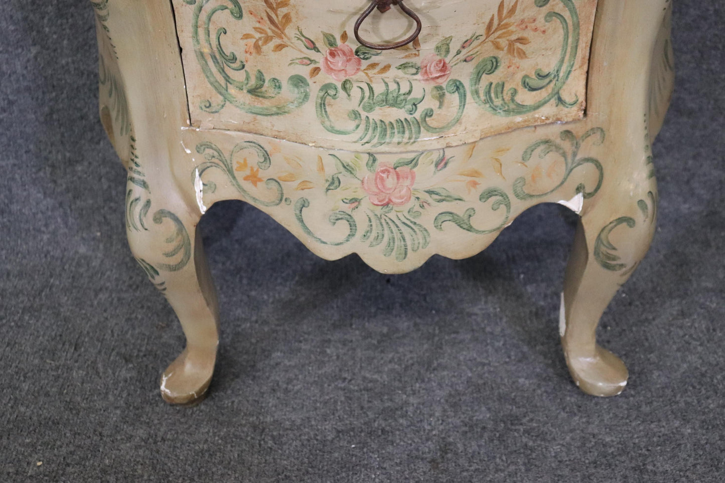 Rare Pair 18th Century Venetian Paint Decorated Marble Top Commodes Nightstands