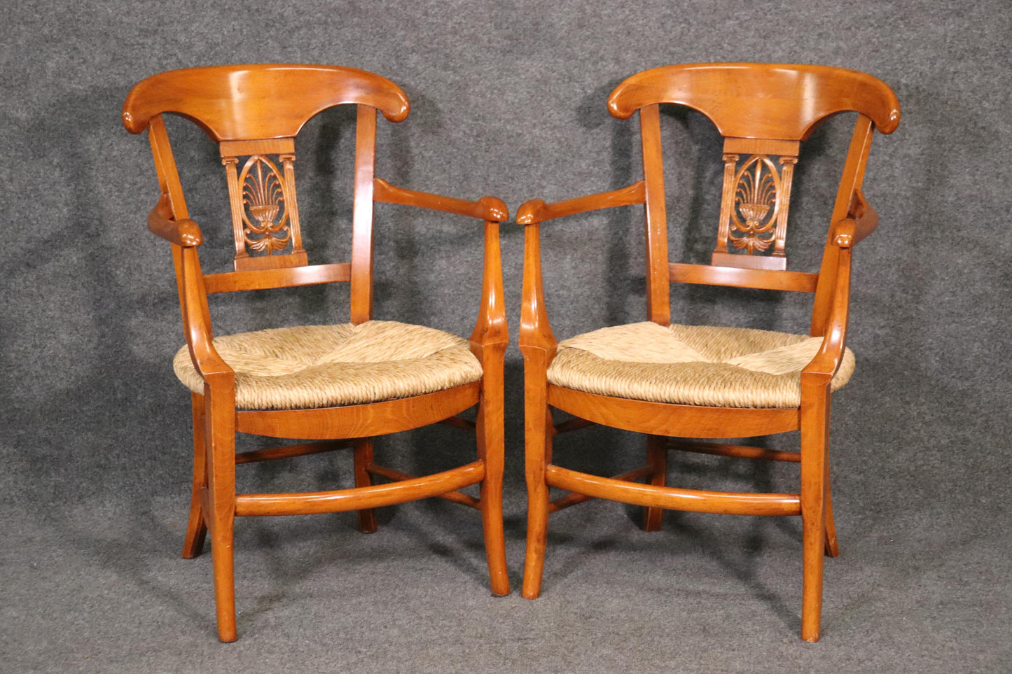 Fine Pair Solid Walnut French Directoire Rush Seated Armchairs