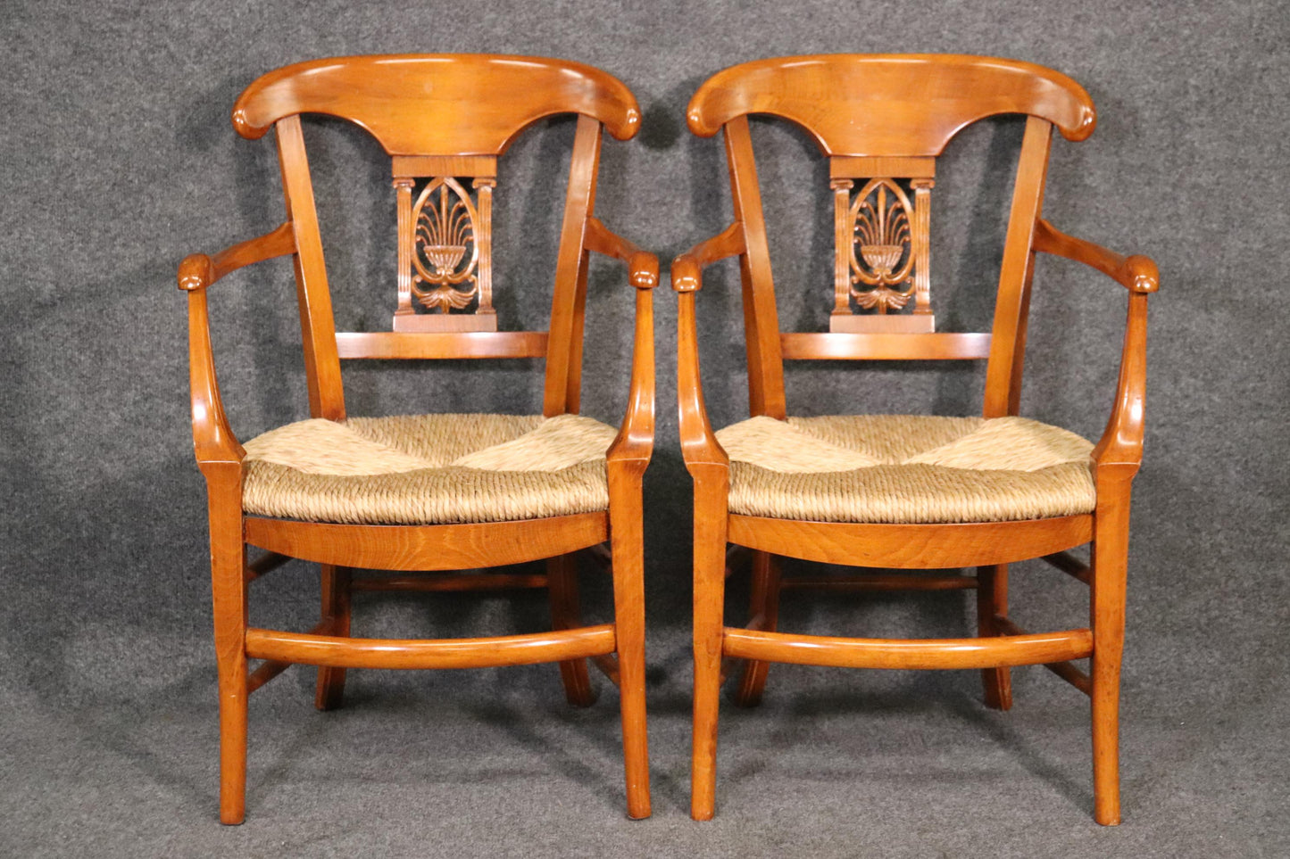 Fine Pair Solid Walnut French Directoire Rush Seated Armchairs