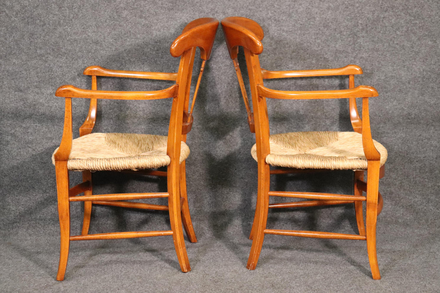 Fine Pair Solid Walnut French Directoire Rush Seated Armchairs