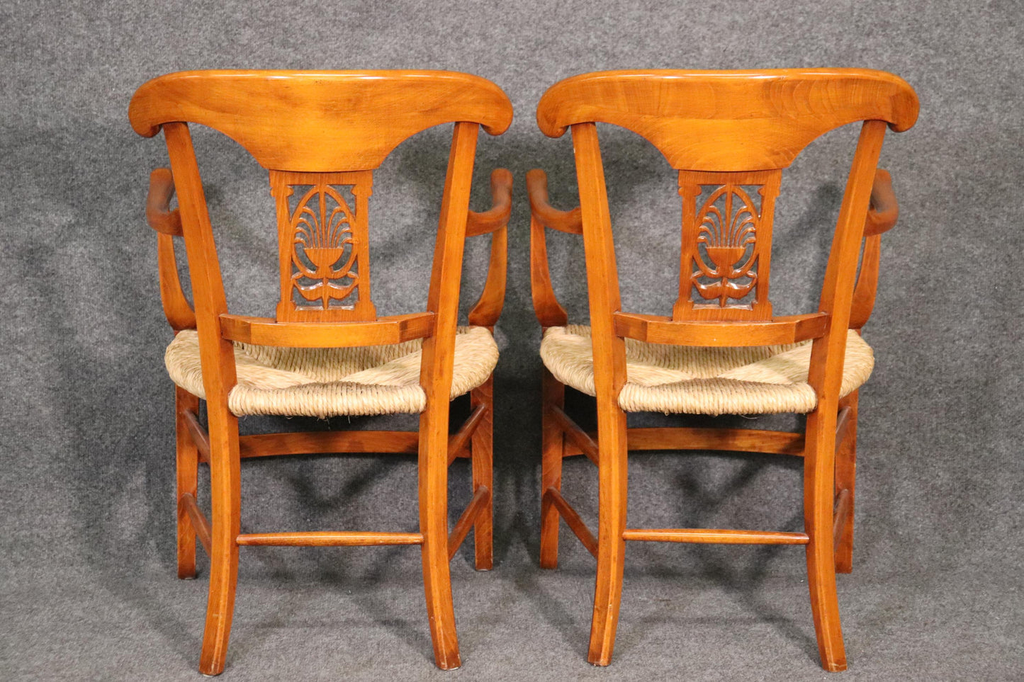 Fine Pair Solid Walnut French Directoire Rush Seated Armchairs