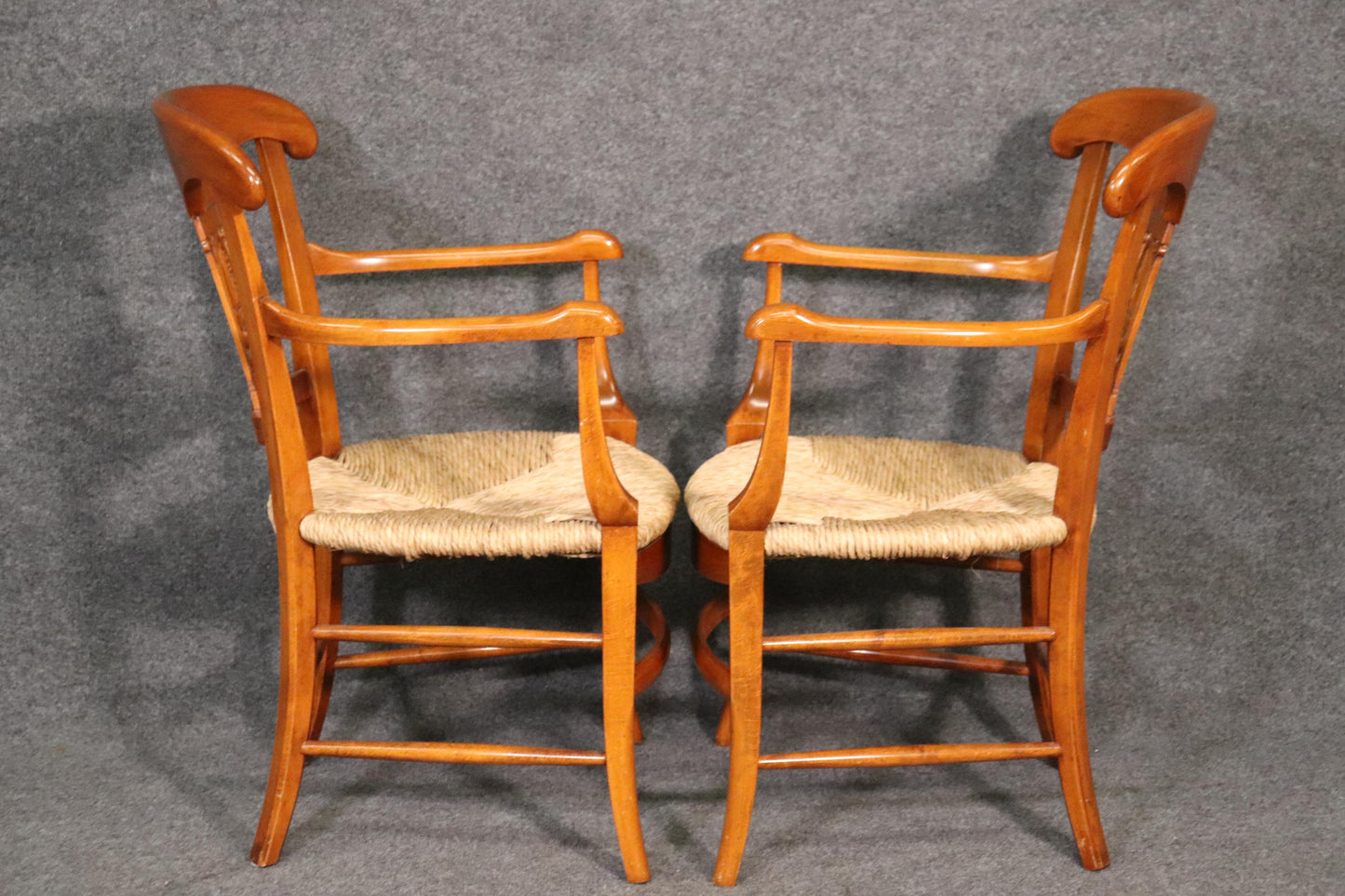 Fine Pair Solid Walnut French Directoire Rush Seated Armchairs