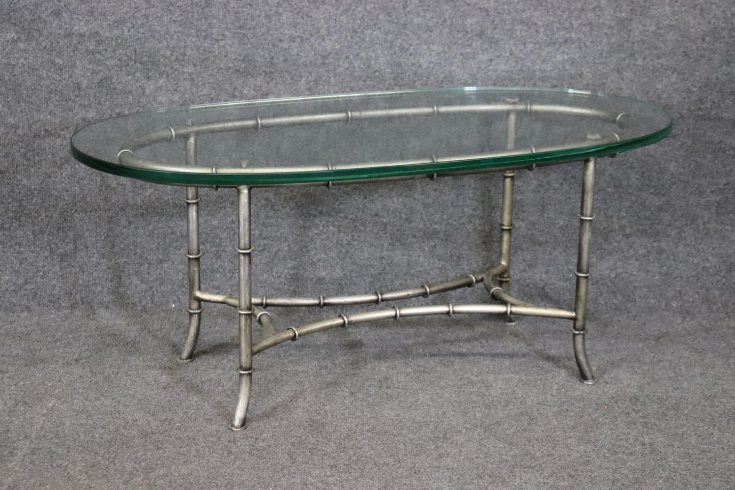 Gorgeous Oval Steel and Glass Maison Bagues Style Faux Bamboo Coffee Table