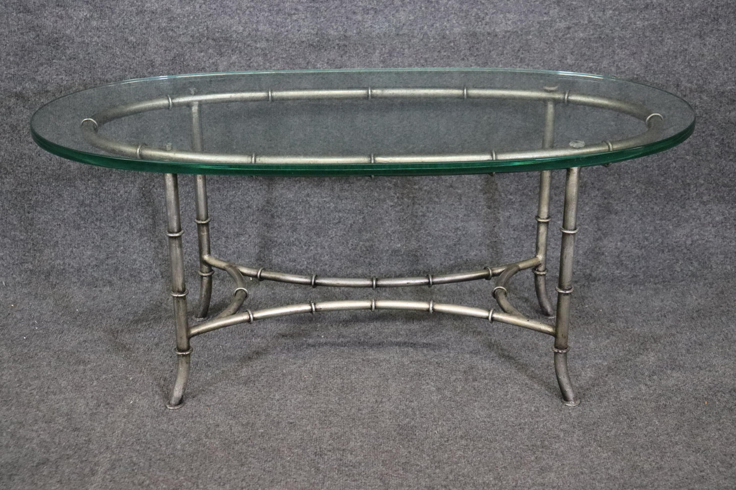 Gorgeous Oval Steel and Glass Maison Bagues Style Faux Bamboo Coffee Table