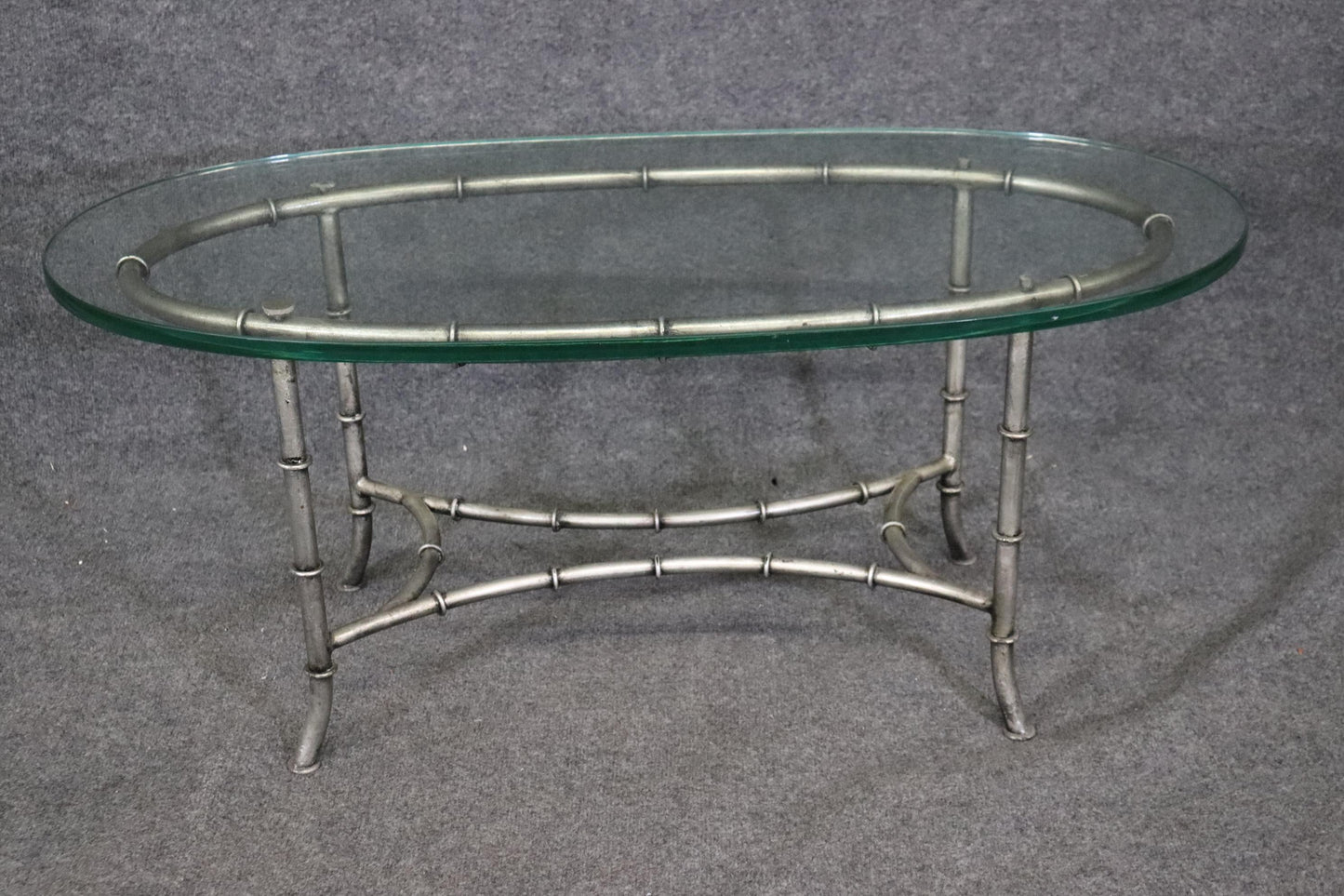 Gorgeous Oval Steel and Glass Maison Bagues Style Faux Bamboo Coffee Table