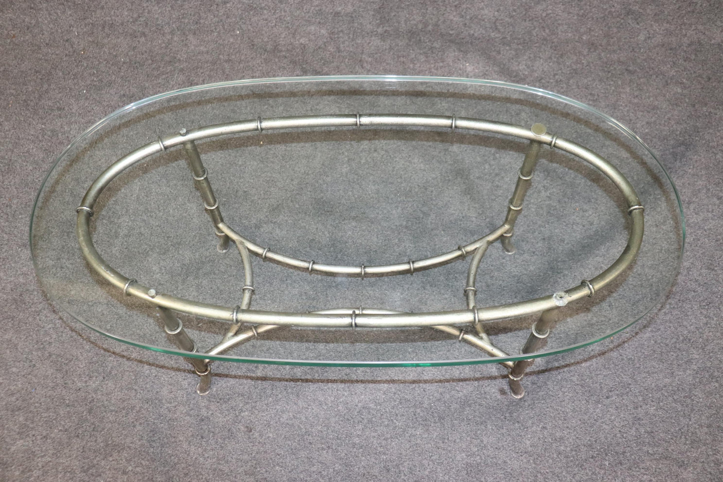 Gorgeous Oval Steel and Glass Maison Bagues Style Faux Bamboo Coffee Table