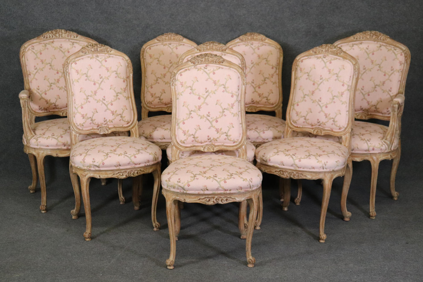 Fantastic Set of 8 French Louis XV Auffray Paint Decorated Carved Dining Chairs