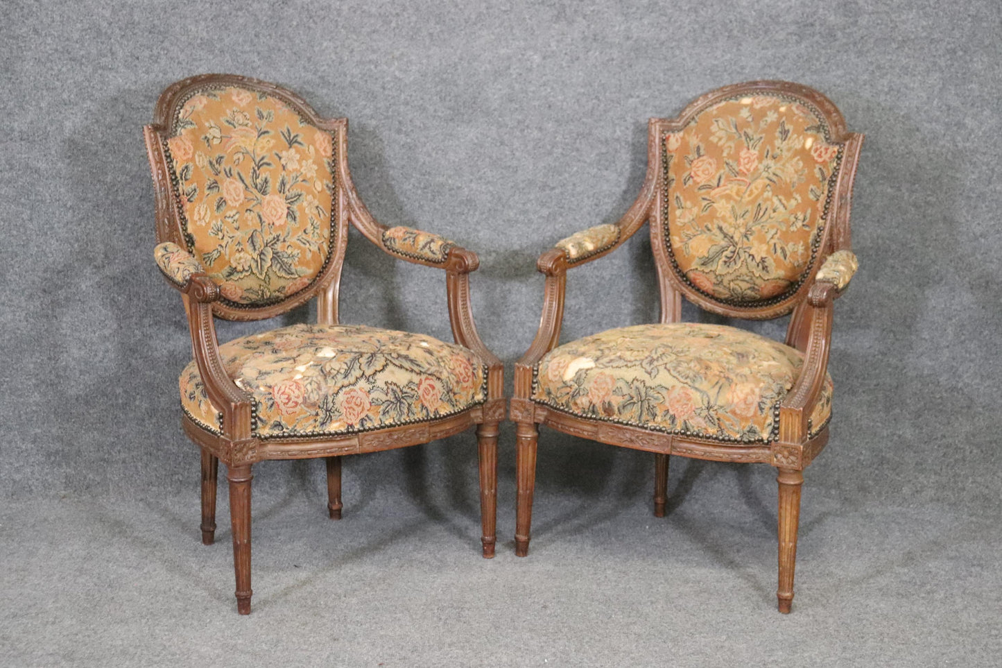 Pair Carved Walnut French Louis XVI Needlepoint Armchairs, Circa 1880