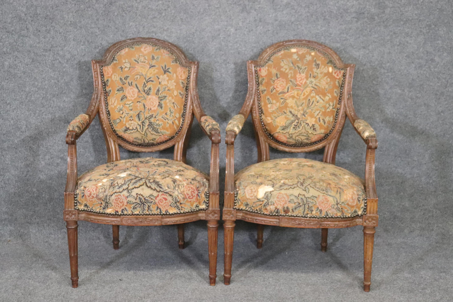 Pair Carved Walnut French Louis XVI Needlepoint Armchairs, Circa 1880