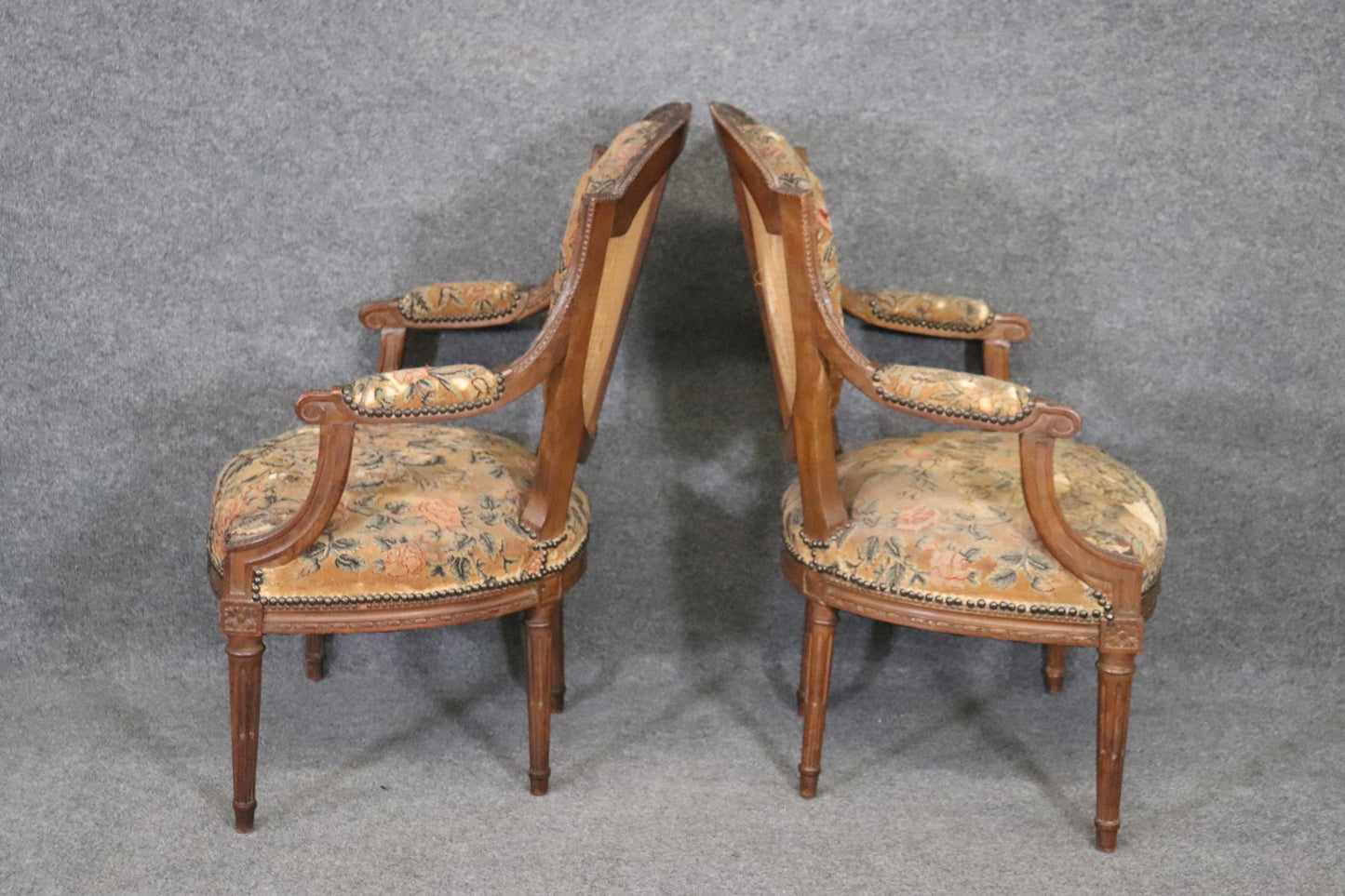 Pair Carved Walnut French Louis XVI Needlepoint Armchairs, Circa 1880