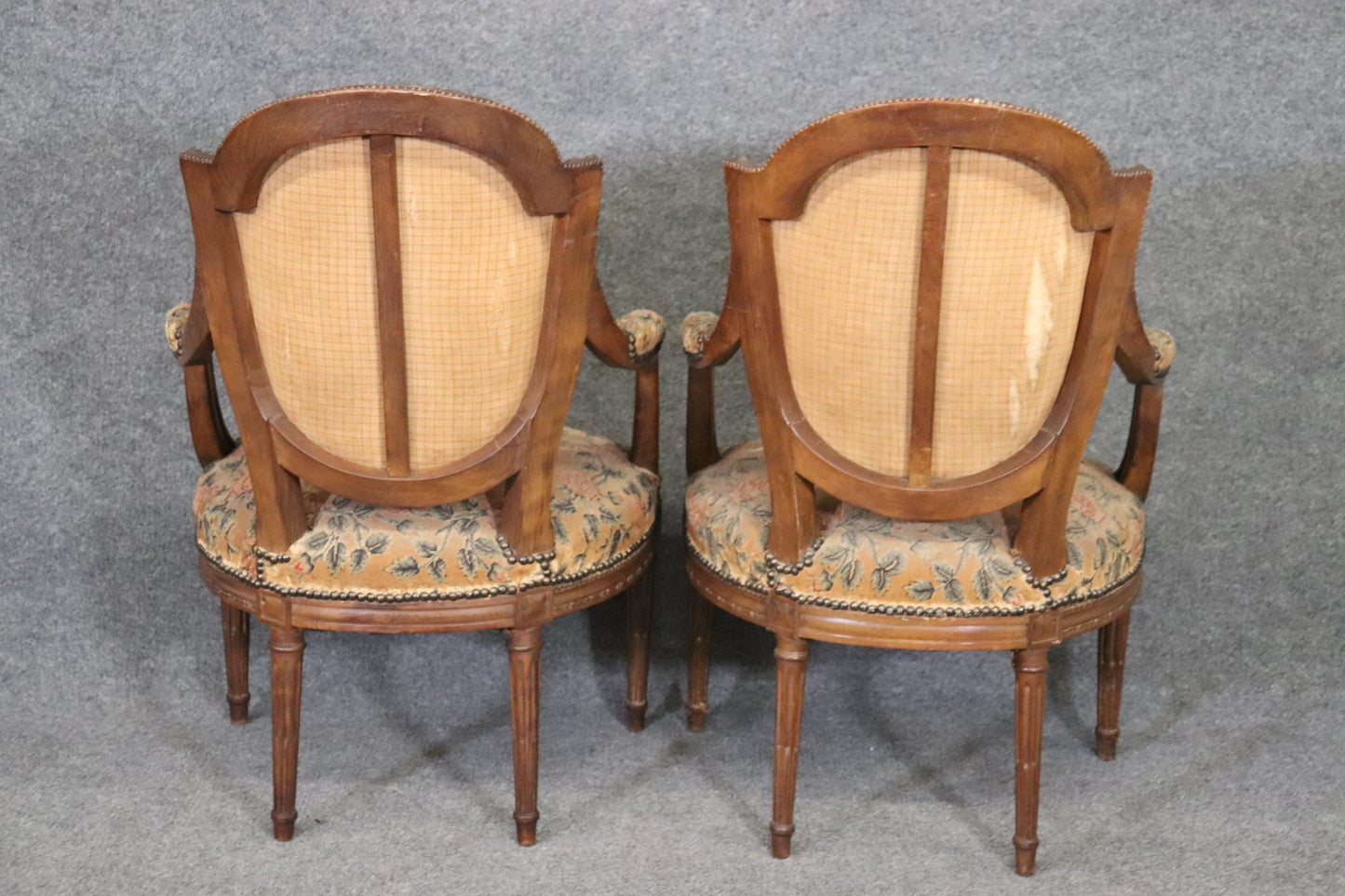 Pair Carved Walnut French Louis XVI Needlepoint Armchairs, Circa 1880