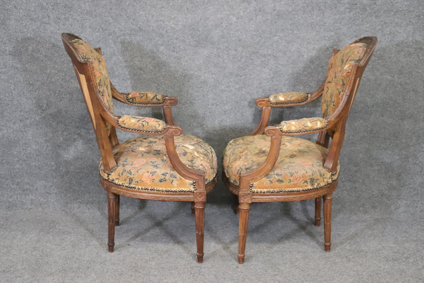 Pair Carved Walnut French Louis XVI Needlepoint Armchairs, Circa 1880