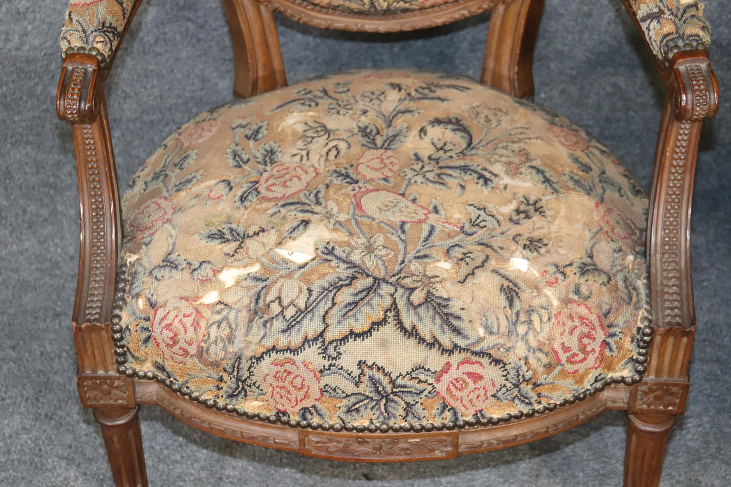 Pair Carved Walnut French Louis XVI Needlepoint Armchairs, Circa 1880