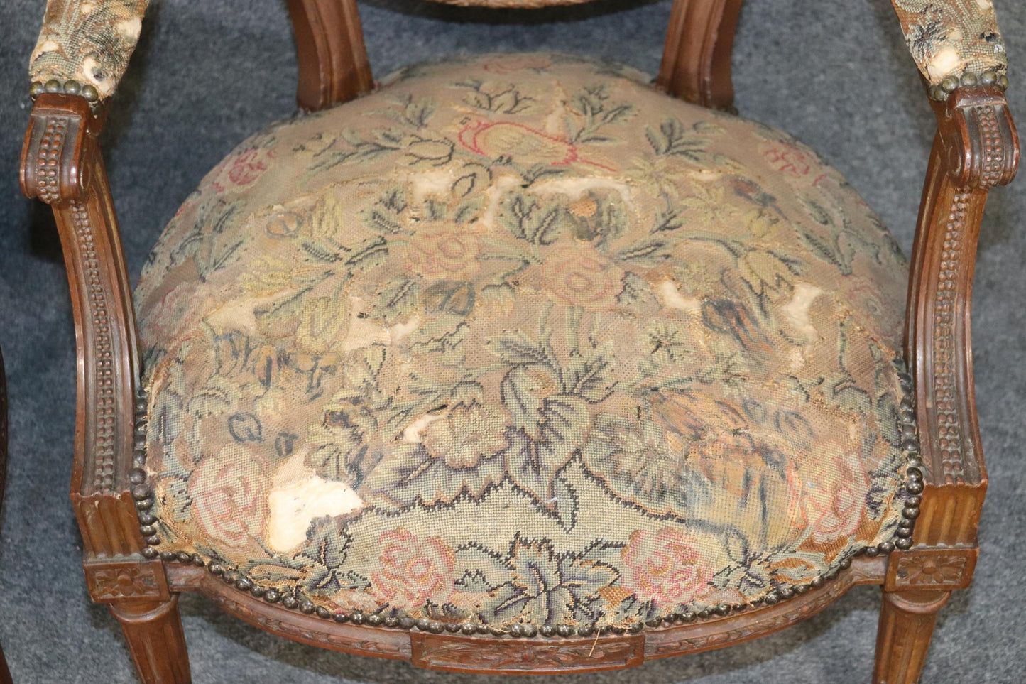 Pair Carved Walnut French Louis XVI Needlepoint Armchairs, Circa 1880